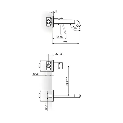 Rosan Dark uzidna JD31401 za lavabo sa izlivom 170mm - tehnički crtež