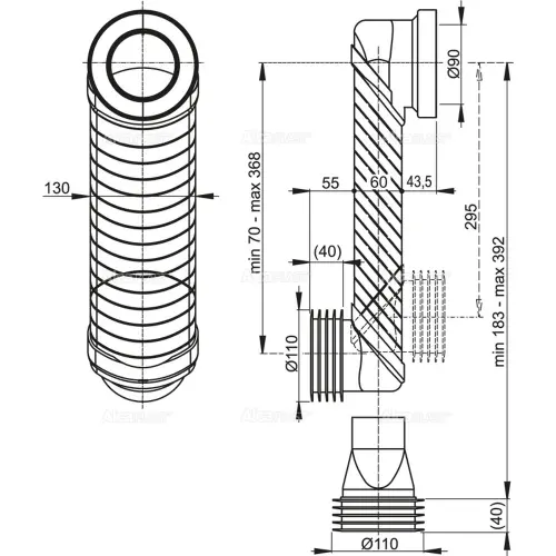 Alca odvodni podni ekscentar 10-40cm MS906 - tehnički crtež