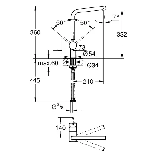 Grohe MINTA za sudoperu 31375000 - tehnički crtež