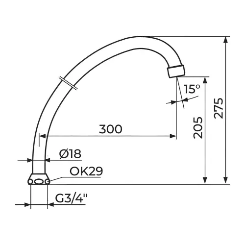Rosan izliv J 300 - o18 mm sa Neoperl HC perlatorom PIJ30018 - tehnički crtež