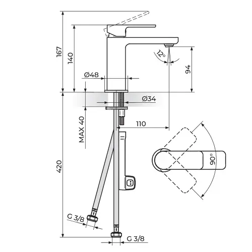 Rosan S2 za lavabo 230101 - tehnički crtež