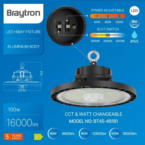 Braytron LED Industrijsko Zvono 100W Crni CCT IP65 BT45-49181