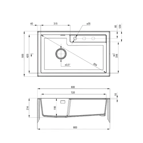Deante Eridan ZQE N10B sudopera Crna 800x500/214mm - tehnički crtež