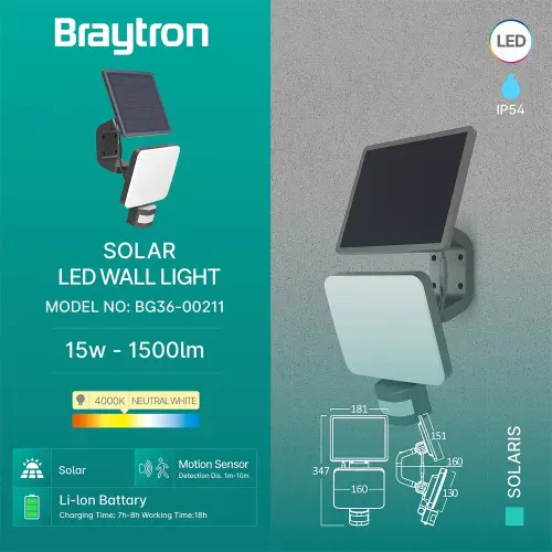 Braytron Solarna Zidna Svetiljka 15W Crni 4000K IP54 BG36-00211