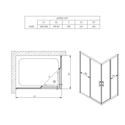 Astral Loft 110X80 6mm tuš kabina - tehnički crtež