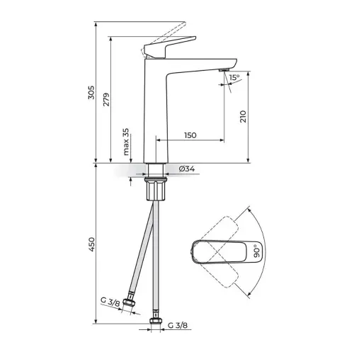 Rosan Stolz za lavabo L 130109 - tehnički crtež