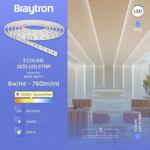 Braytron LED Traka 8W 60LED 2835 4000K 24V IP20 10M BS01-00711