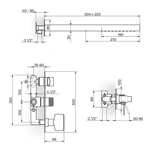 Rosan S2 uzidna za tuš 231609 - tehnički crtež