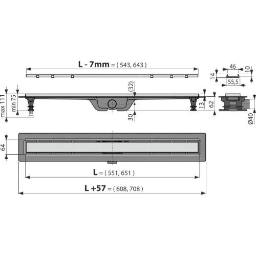 Alca APZ20-G-B 550mm gold BRUSHED - tehnički crtež