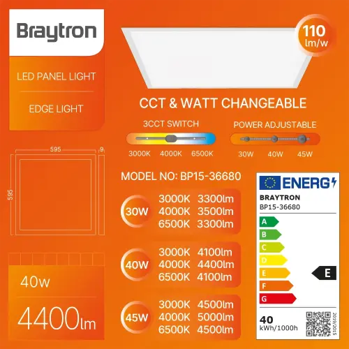 Braytron LED Panel Ugradni 595X595 40W Beli CCT BP15-36680