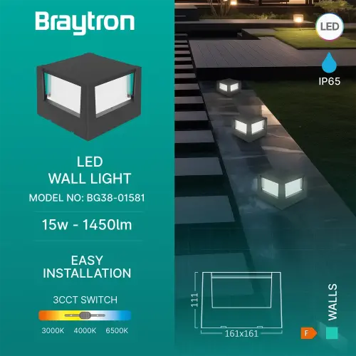 Braytron LED Zidna Svetiljka Okrugla 15W Crni CCT IP65 BG38-01581
