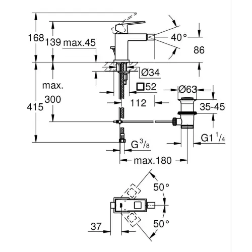 Grohe Eurocube za bide S size 23138000 - tehnički crtež