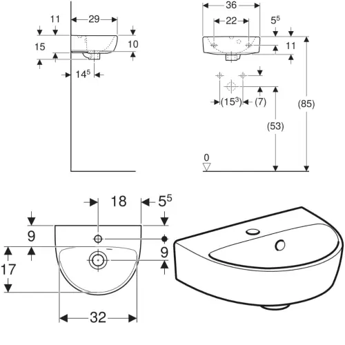 Geberit Selnova Umivaonik 36x29 cm - tehnički crtež
