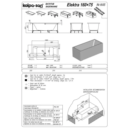 Kolpa Elektra 160x75 UN 740700
