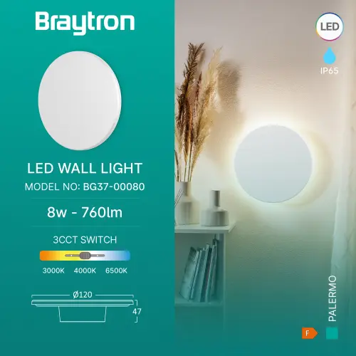 Braytron LED Zidna Svetiljka Okrugla 8W Beli CCT IP65 BG37-00080