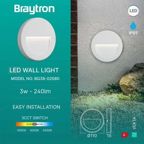 Braytron LED Zidna Svetiljka Okrugla 3W Beli CCT IP65 BG38-02080