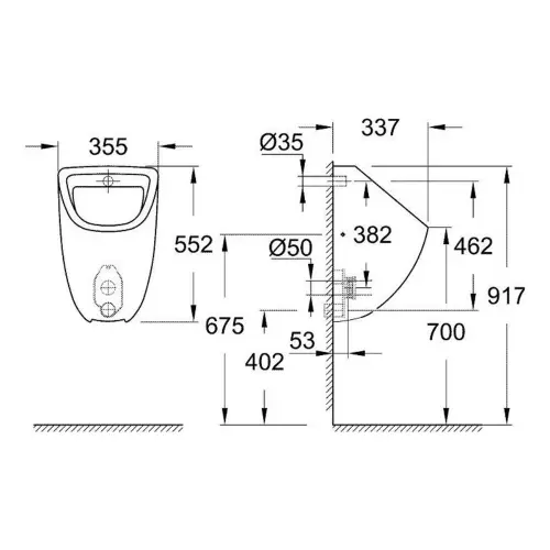 Grohe Bau Ceramic Pisoar sakrivan dovod 39438000 - tehnički crtež