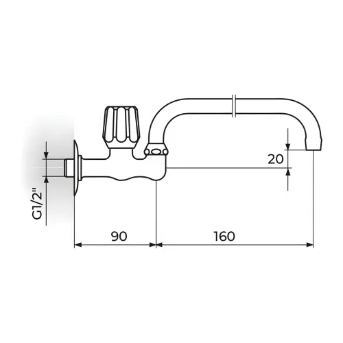 Rosan Klasik Fumme Zidni ventil 3/8" g.deo - gornji izliv o16 mm AF51U160 - tehnički crtež
