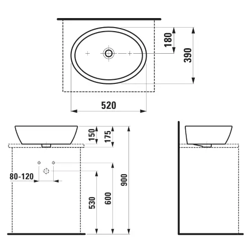 Laufen Pro B nadgradni Umivaonik 52 x 39 cm bez preliva - tehnički crtež