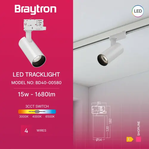 Braytron LED Šinski Reflektor 15W Beli CCT Trofazni BD40-00580