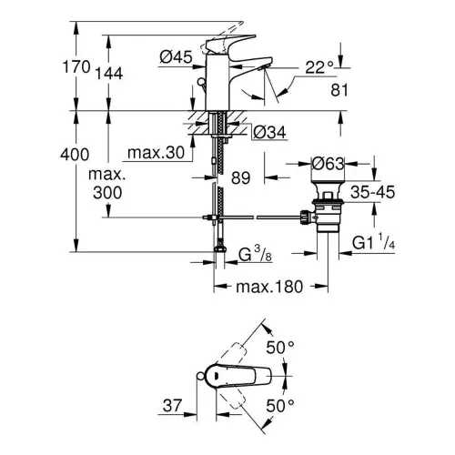 Grohe Bauflow za umivaonik S SIZE - tehnički crtež
