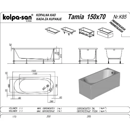 Kolpa OBLOGE S POSTOLJEM - TAMIA 150x70 572980 - tehnički crtež