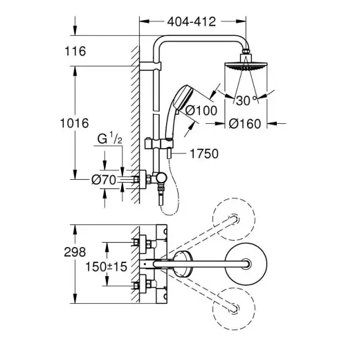 Grohe Tempesta Cosmopolitan 160 Termostatski Usponski tuš 27922000 - tehnički crtež