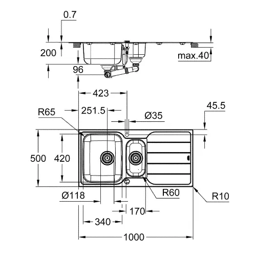 Grohe K500 sudopera 60 -S 97/50 1.5 rev 31572SD1 - tehnički crtež