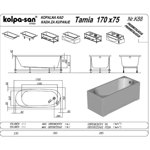 Kolpa Tamia 170x75 UN 749980 - tehnički crtež