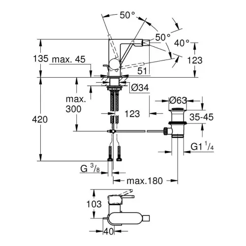 Grohe Plus za bide 33241003 - tehnički crtež