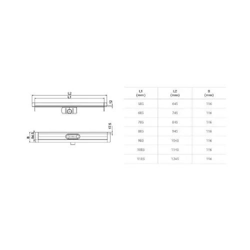 Aco Shower drain Classic telo do zida 685mm 9010.88.29 - tehnički crtež