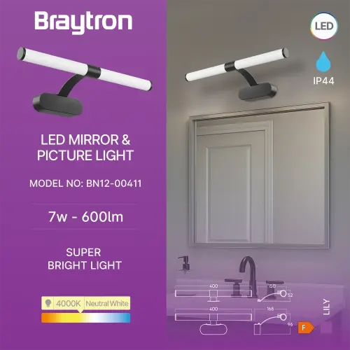 Braytron LED Lampa za Ogledalo 400MM 7W Crni 4000K IP44 BN12-00411