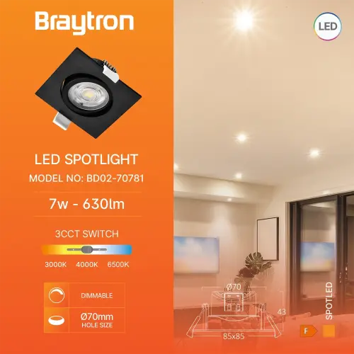 Braytron Dimabilna LED Spot Svetiljka Kvadratna 7W Crna CCT BD02-70781