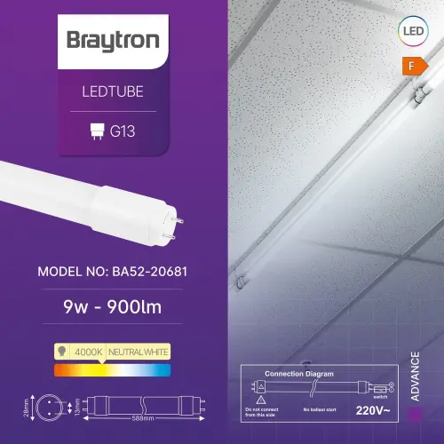 Braytron LED Cev T8 9W 60CM Jednostrana 4000K BA52-20681