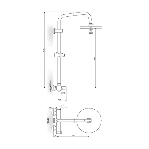 Rosan B2 Baterija za tuš kadu sa usp tuš D.220mm JB37253 - tehnički crtež