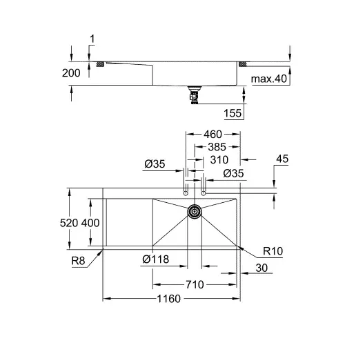 Grohe K1000 sudopera 80 -S 116/52 1.0 rh 31582SD1 - tehnički crtež