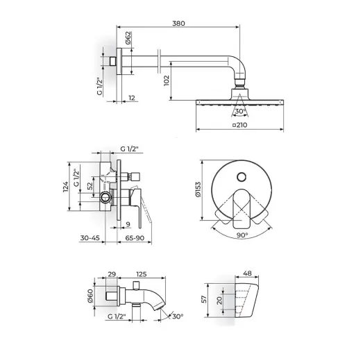Rosan S2 Black uzidna baterija sa izlivom, zidnim tušem 210x210mm i ruč tuš 231701B - tehnički crtež