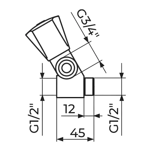 Rosan Keramic Priključno-prolazni ventil 1/2" sa priključkom 3/4" AK55112 - tehnički crtež