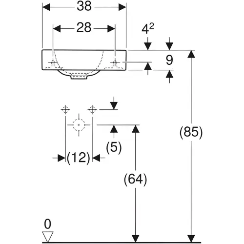 Geberit iCon lavabo otvor slavine levo 38x28cm 124836000 - tehnički crtež