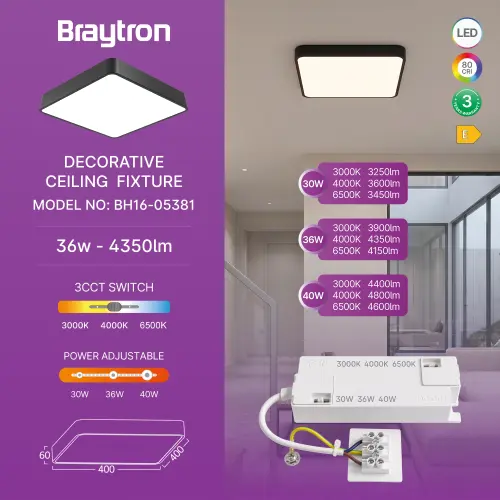 Braytron LED Plafonjera Kvadratna 36W Crni CCT BH16-05381