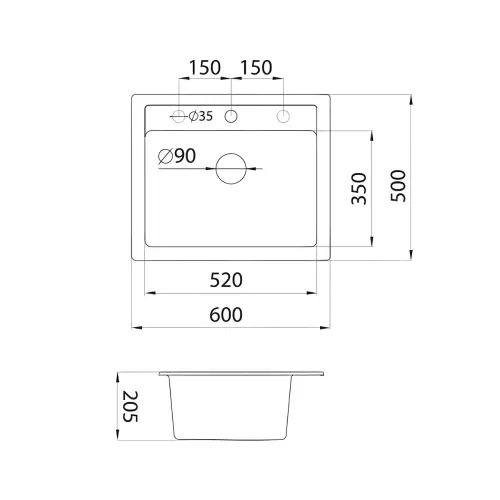 Metalac X Granit Quadro 60 600x500 fi 90 sa sifonom Grafit 372984 - tehnički crtež