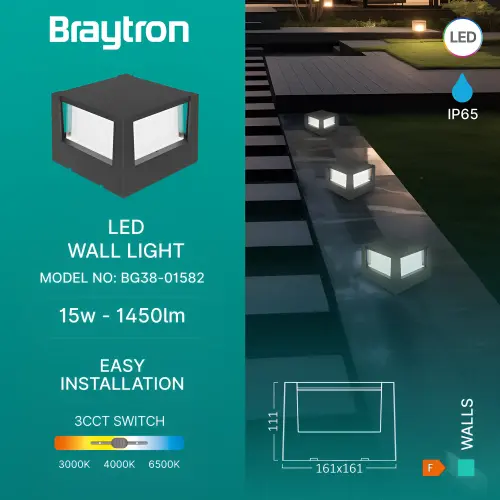 Braytron LED Zidna Svetiljka Kvadratna 15W Sivi CCT IP65 BG38-01582