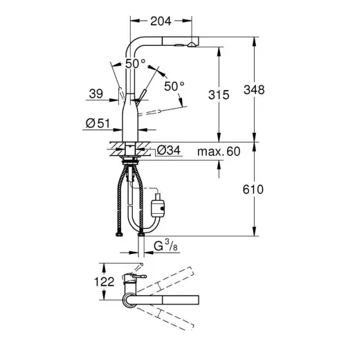 Grohe Essence za sudoperu sa izvlačnim tušem Cool sunrise 30270GL0 - tehnički crtež