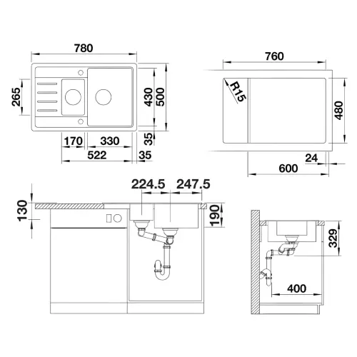 Blanco LEGRA 6 S Compact Antracit silgranit 521302 - tehnički crtež