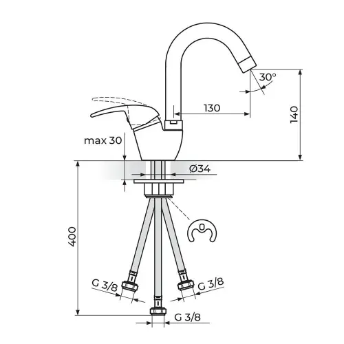 Rosan King za lavabo - 3 cevi - cevni izliv 130 mm ( o25 mm )