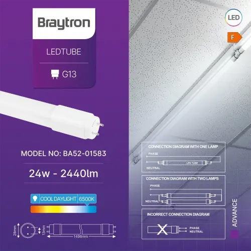 Braytron LED Cev T8 24W 150CM Dvostrana 6500K BA52-01583