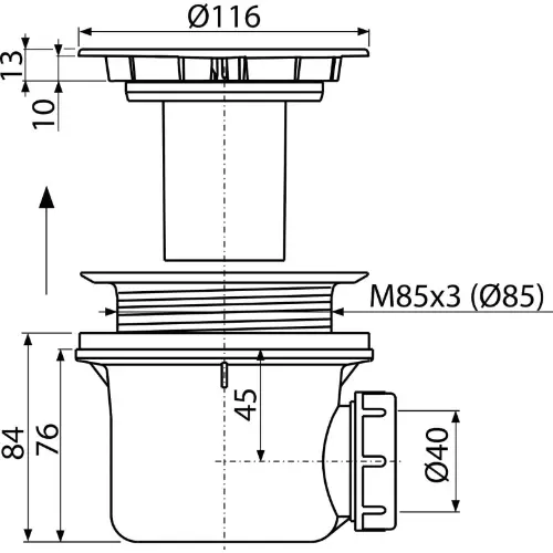 Alca sifon za tuš kadu FI90 WHITE A49B  - tehnički crtež