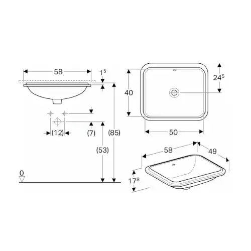 Geberit Lavabo Variform podgradni bez preliva 58x49 500.766.01.2 - tehnički crtež