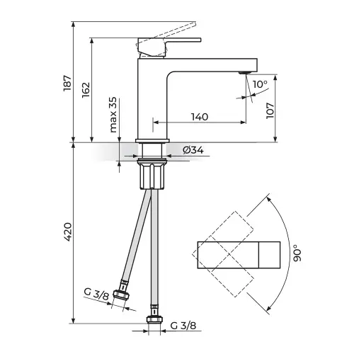 Rosan Quadro Black za lavabo M Size JQ30201B - tehnički crtež