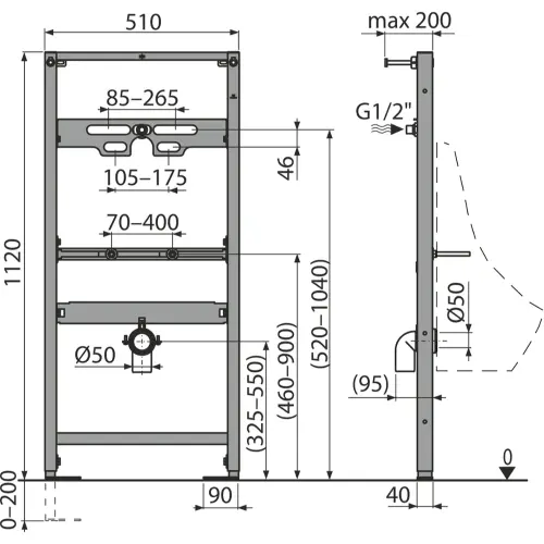 Alca ugradni element za Pisoar A107/1120 - tehnički crtež
